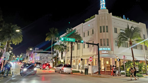 Art deco buildings lining Collins Avenue in South Beach.