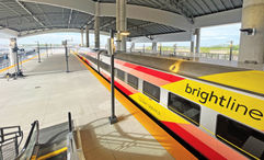 A Brightline train at the Orlando station, located in Orlando International Airport.