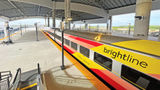 A Brightline train at the Orlando station, located in Orlando International Airport.