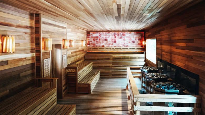 The resort's spacious Finnish sauna, featuring salt-lined walls, is one of the highlights of the Alyeska Nordic Spa.