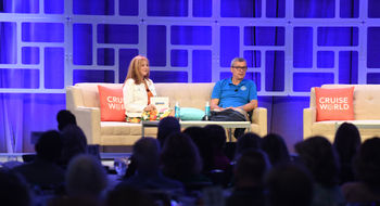 Vicki Freed, Royal Caribbean's senior vice president of sales, trade support and service, and Michael Bayley, the line's CEO, during their conversation at Travel Weekly's CruiseWorld 2022 on Thursday.