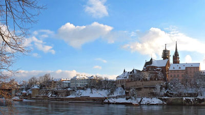 The Swiss city of Basel and the Rhine River in winter.
