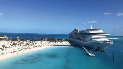 A view of the MSC Divina from the lighthouse on MSC's Ocean Cay private island.